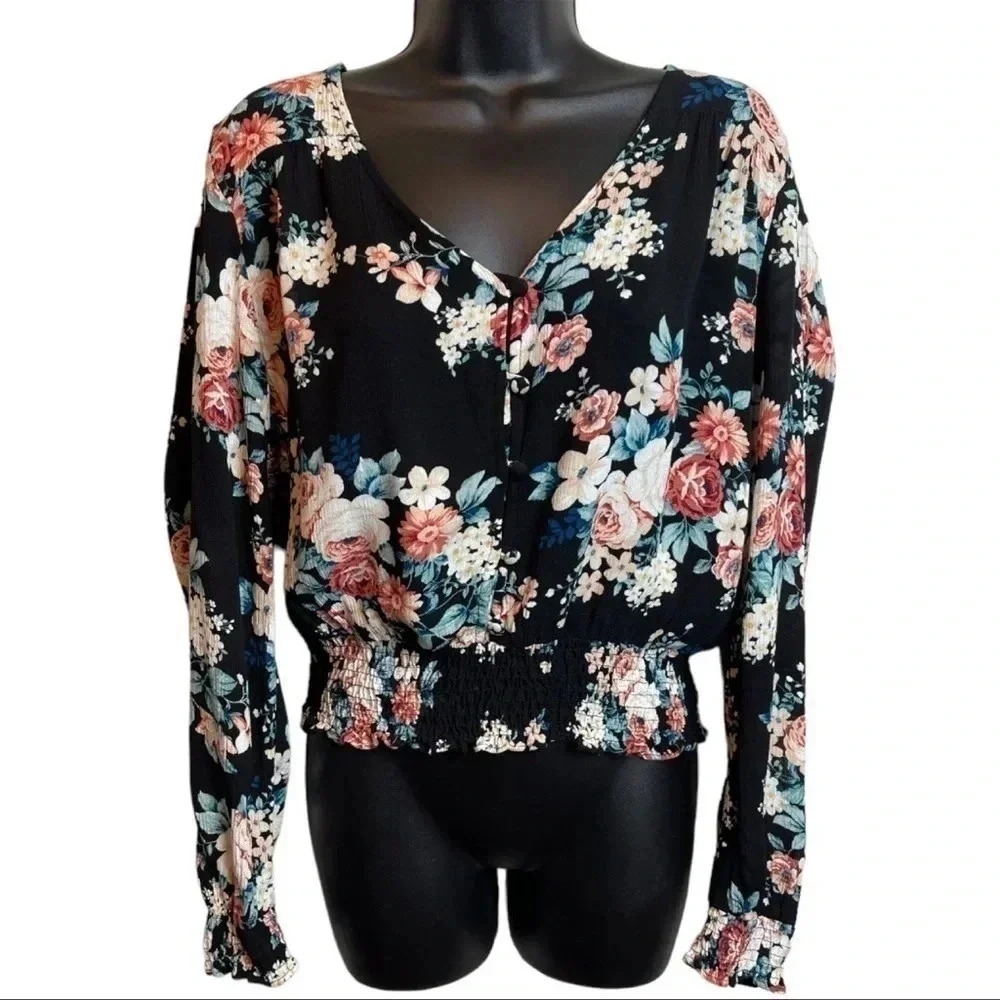 MOA Moa flora long sleeve top with smocked waistband.